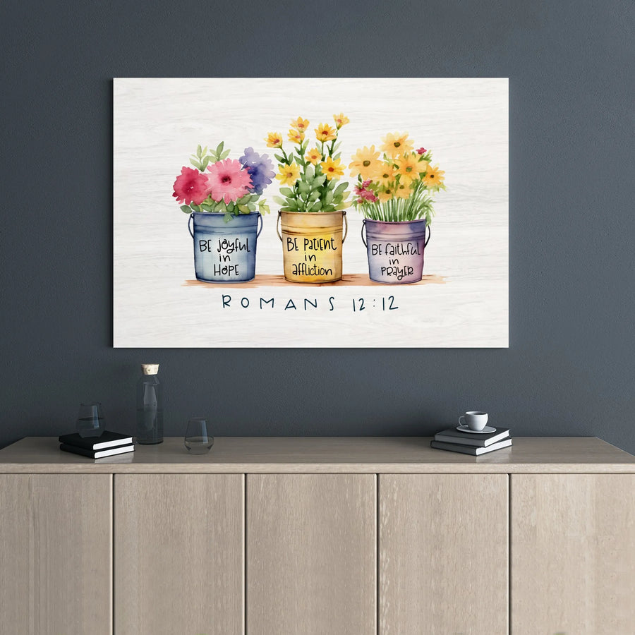 Romans 12:12 Scripture Canvas Art | Floral Bible Verse Wall Decor | Premium Stretched Gallery Wrap | Inspirational Christian Gift for Home