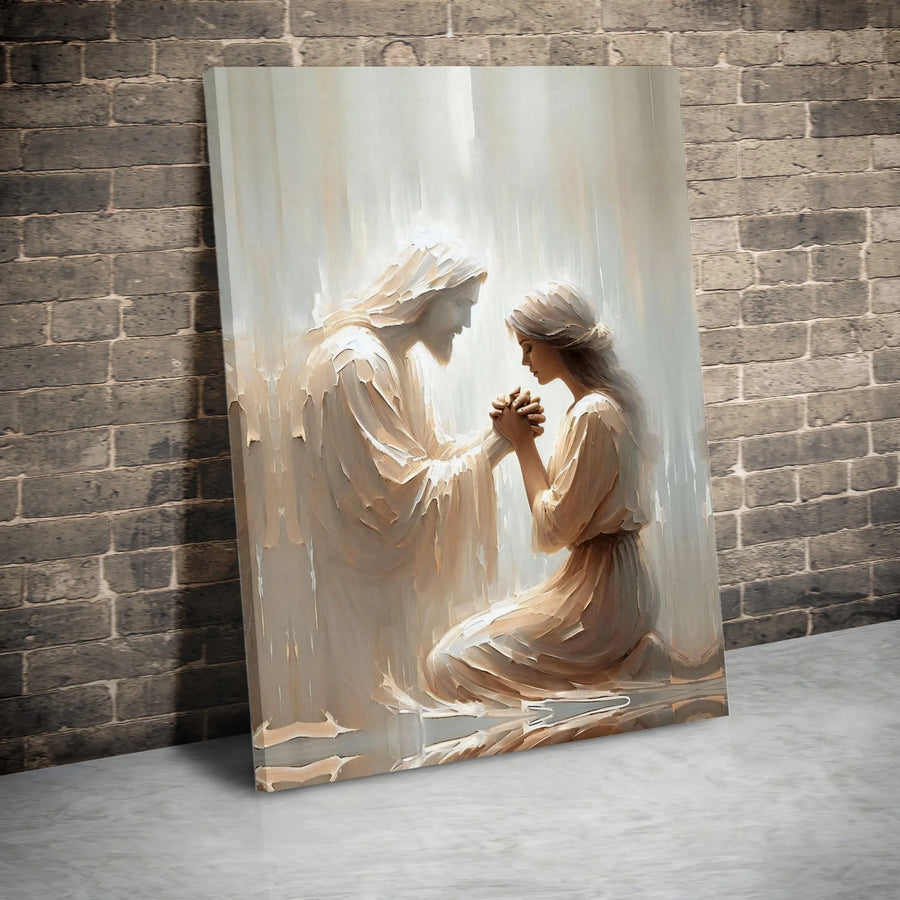 Jesus Holding Hands With Praying Woman Canvas | Spiritual Christian Wall Art | Premium Gallery-Wrapped Print | Religious Home Decor Gift