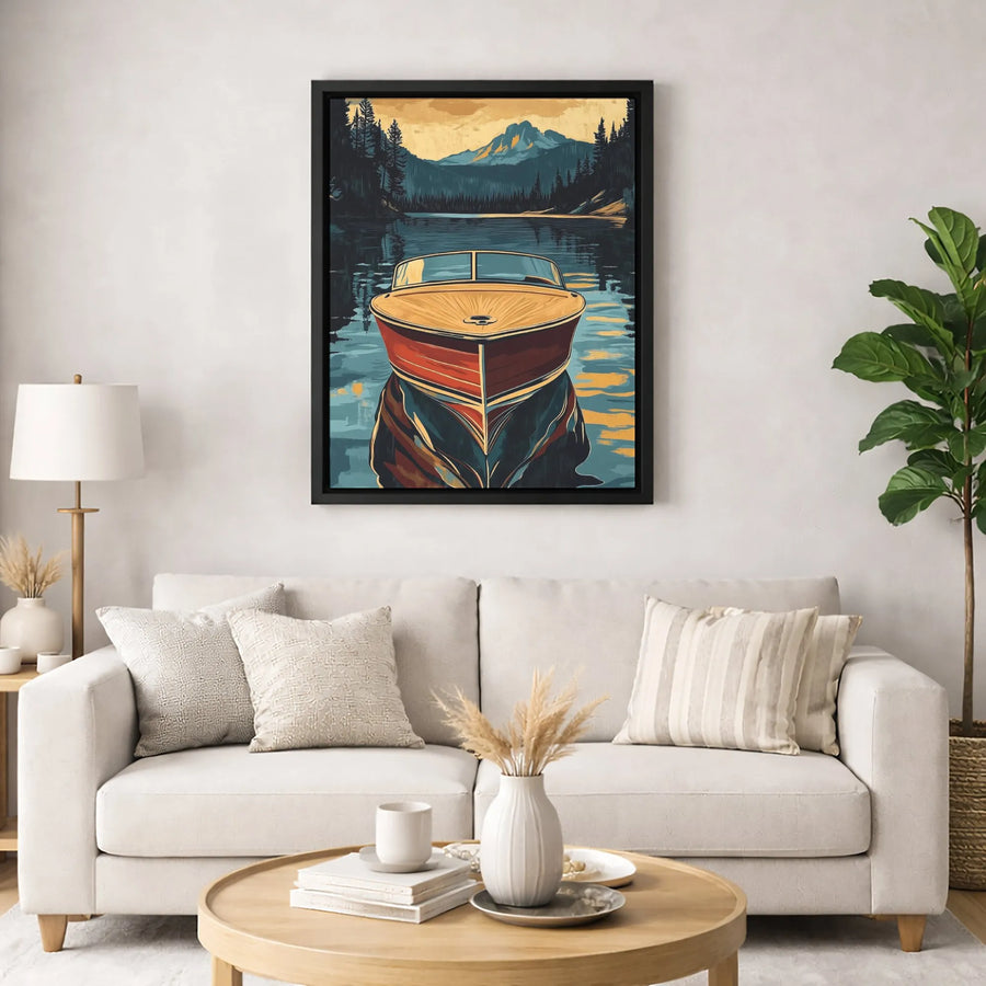 Vintage Wooden Motorboat Canvas Art | Mountain Lake Landscape Print | 1.25 Inch Premium Gallery Wrap | Nautical Home Decor Gift