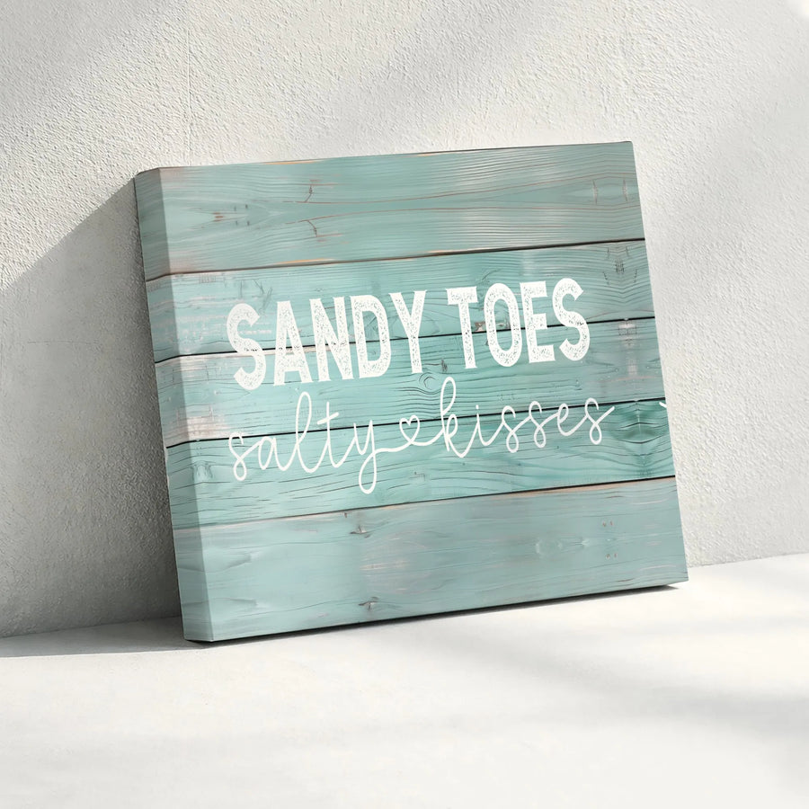 Sandy Toes Salty Kisses Canvas Print | Rustic Teal Wood Plank Design | Premium Gallery Wrapped Canvas | Beach House Decor Gift