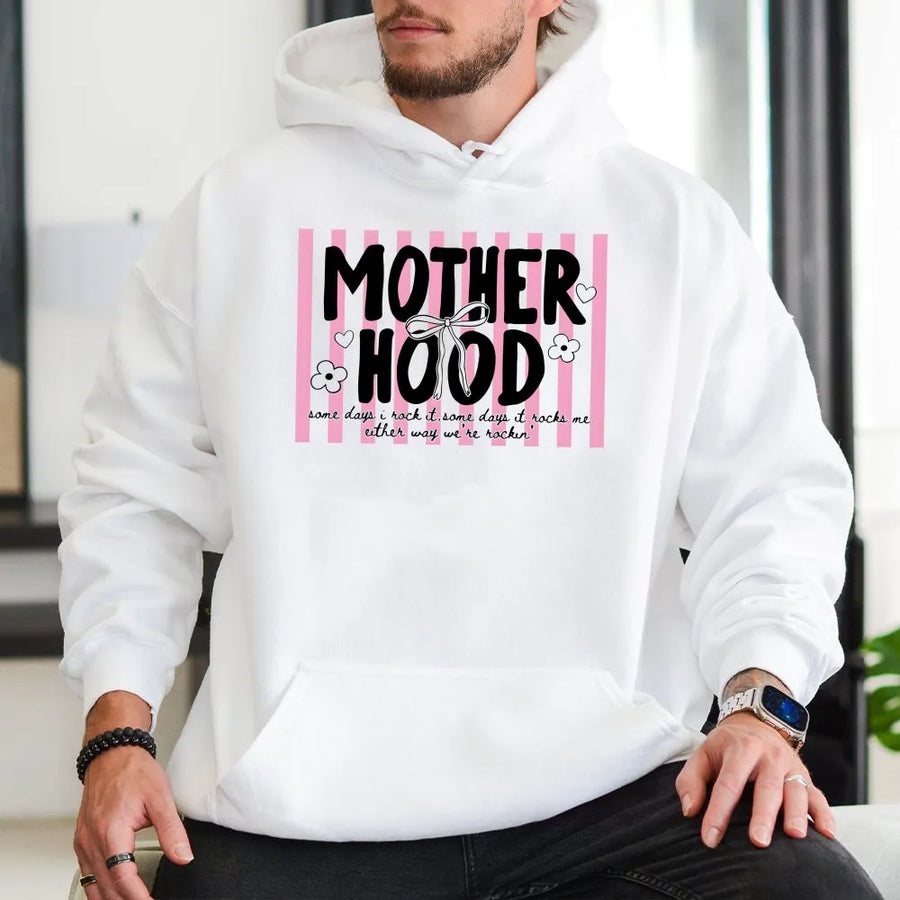 Motherhood Hoodie | Retro Pink Stripe Graphic Design | Cotton-Blend Premium Comfort | Stylish Mom Life Gift For Her