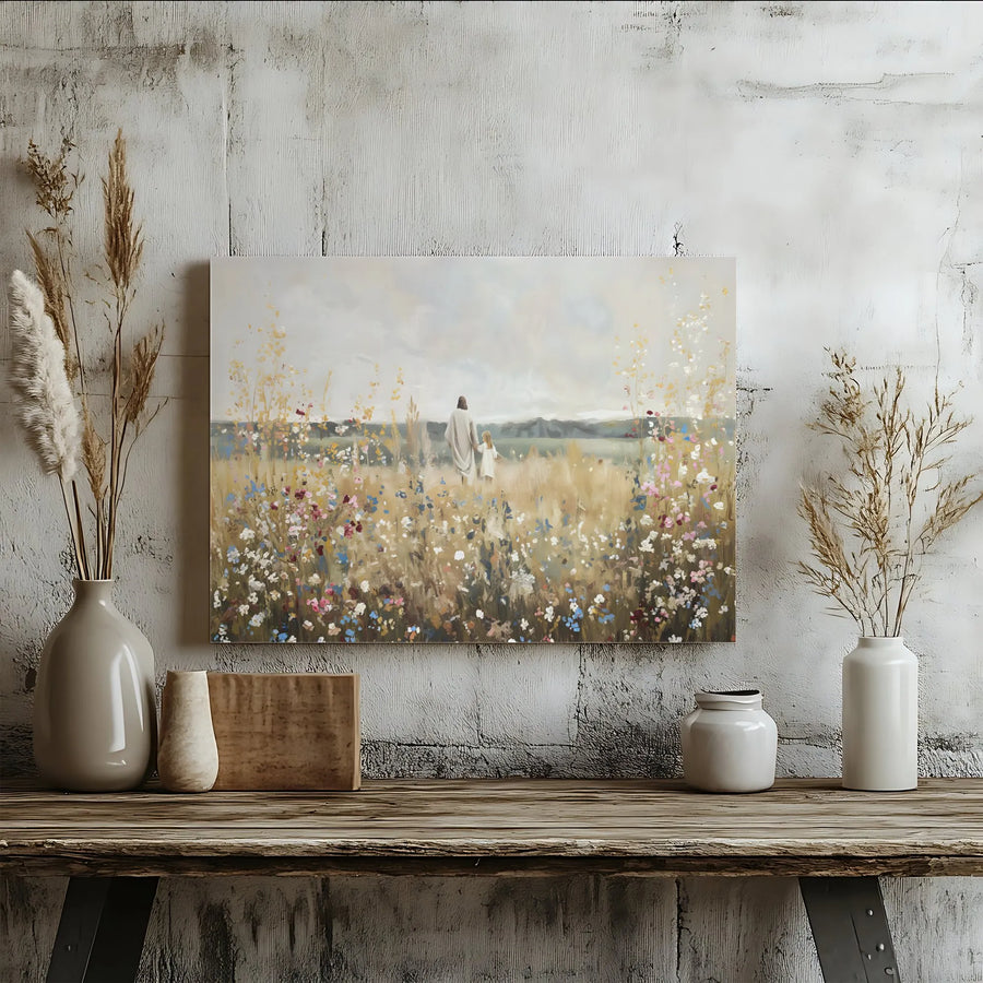 Jesus Walking With Child Canvas Print | Floral Field Wall Art | Premium Gallery-Wrapped 1.25" Profile | Christian Home Decor Religious Gift