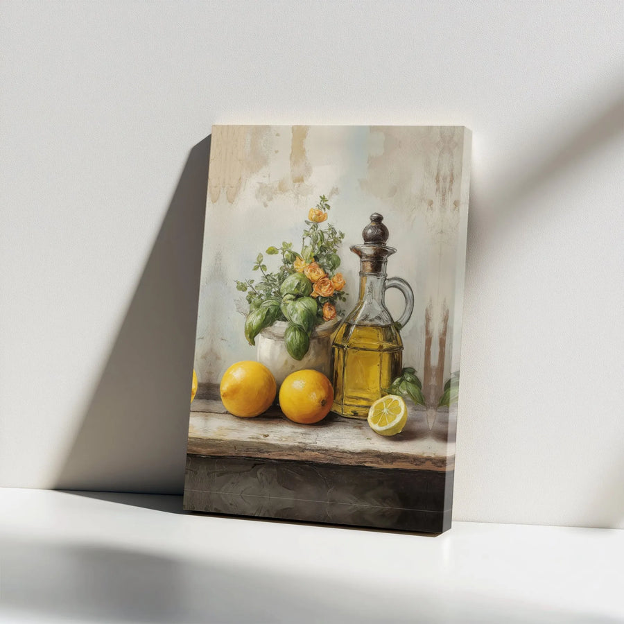 Vintage Lemon & Olive Oil Canvas Print | Rustic Tuscan Still Life Painting | Premium Gallery Wrapped Art | Kitchen & Dining Room Wall Decor Gift