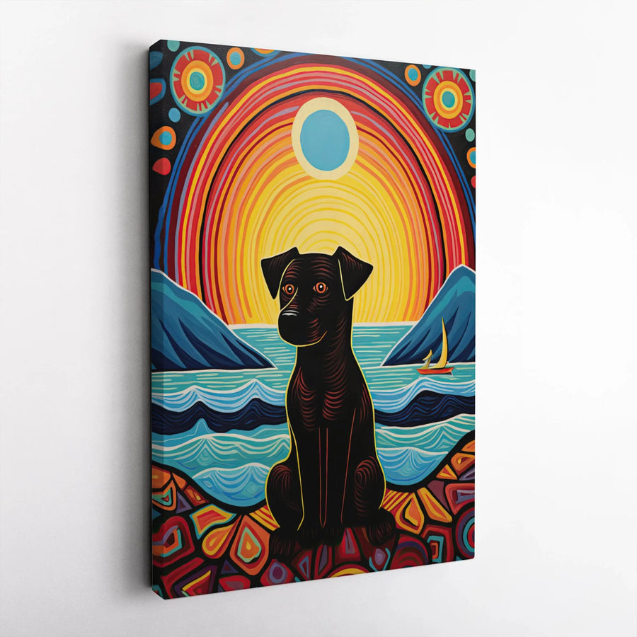 Black Dog Canvas Wall Art | Vibrant Folk Art Seascape Decor | Premium Gallery-Wrapped Print | Unique Pet Lover Gift for Living Room
