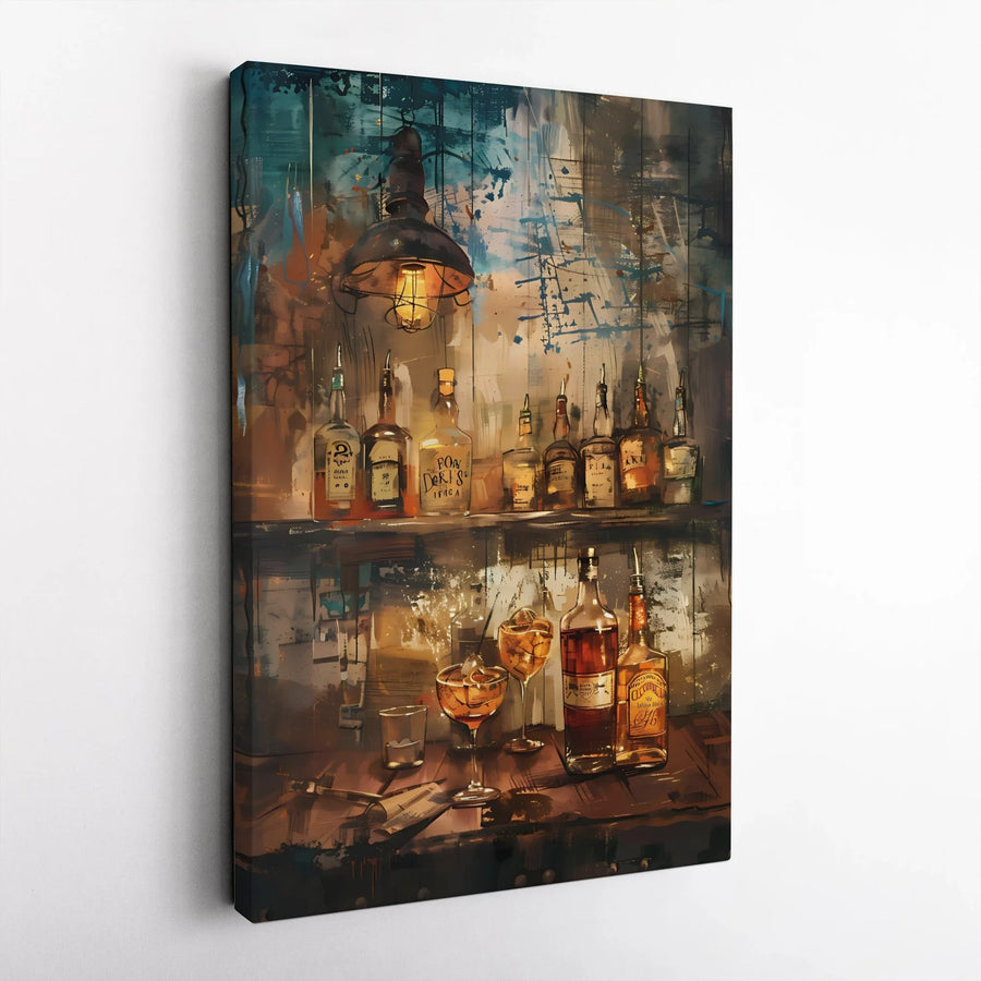 Whiskey Bar Wall Art | Industrial Cocktail Lounge Canvas Print | Premium Gallery-Wrapped Decor | Man Cave or Home Bar Gift