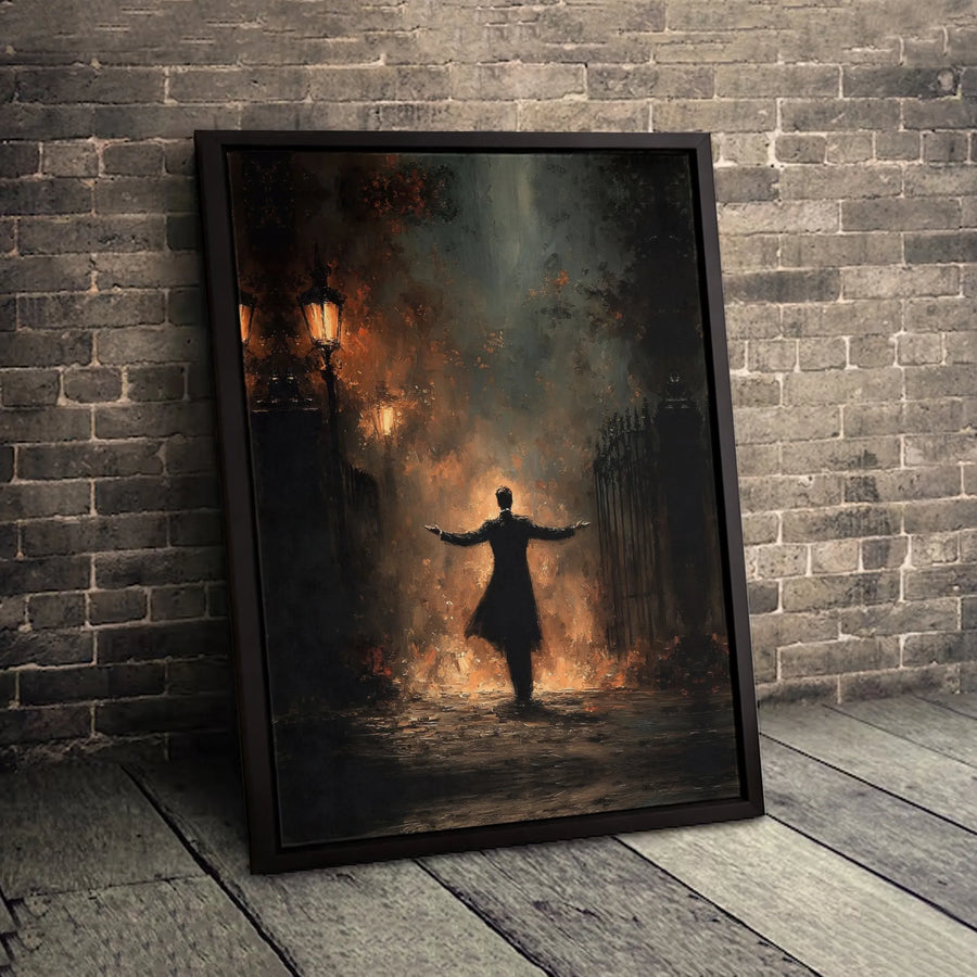 Gothic Man Silhouette Canvas Art | Fiery Street Night Scene | Gallery Wrapped Premium Print | Moody Home Decor Gift for Him