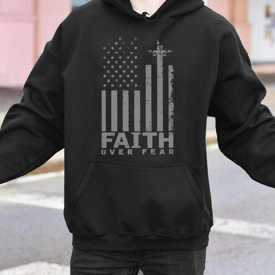 Faith Over Fear Hoodie | Patriotic USA Flag Cross Graphic | Premium Cotton Blend | Christian Religious Gift For Men And Women