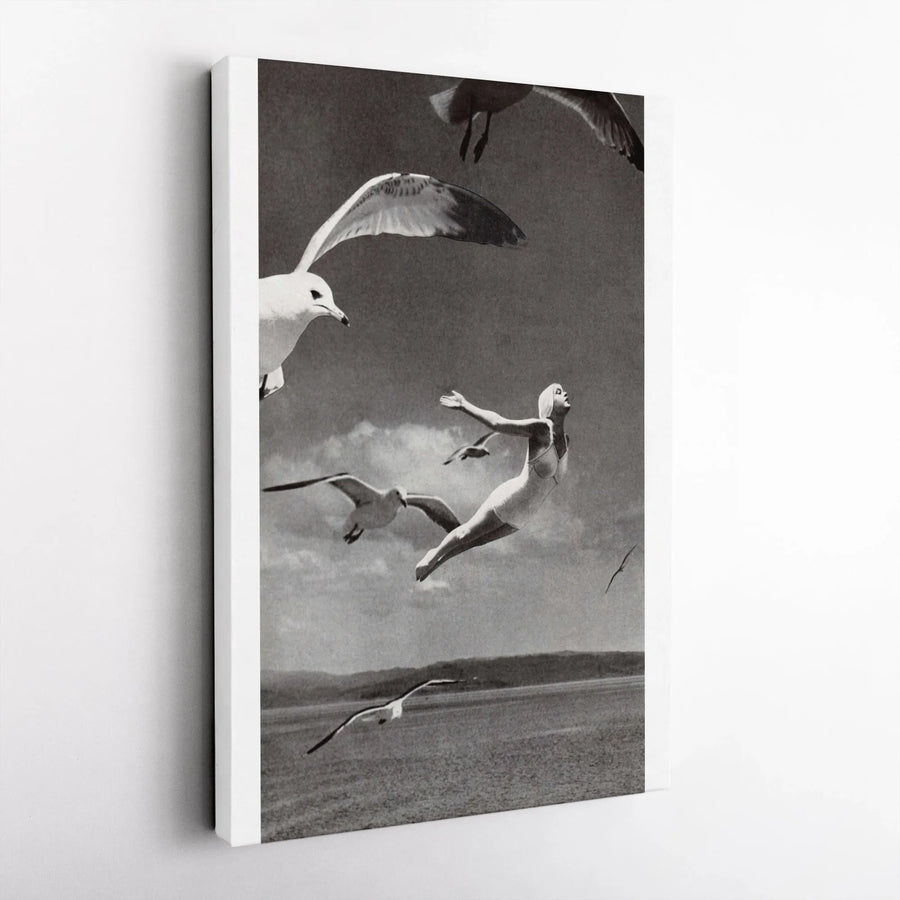 Surreal Woman Flying Canvas Print | Black and White Vintage Photography | Premium Gallery Wrap Canvas | Modern Home & Office Wall Decor Gift