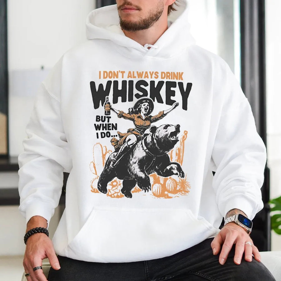 Whiskey Drinking Hoodie | Funny Cowgirl Riding Bear Graphic | Premium Cotton Blend | Gift For Whiskey Lovers And Western Style Enthusiasts