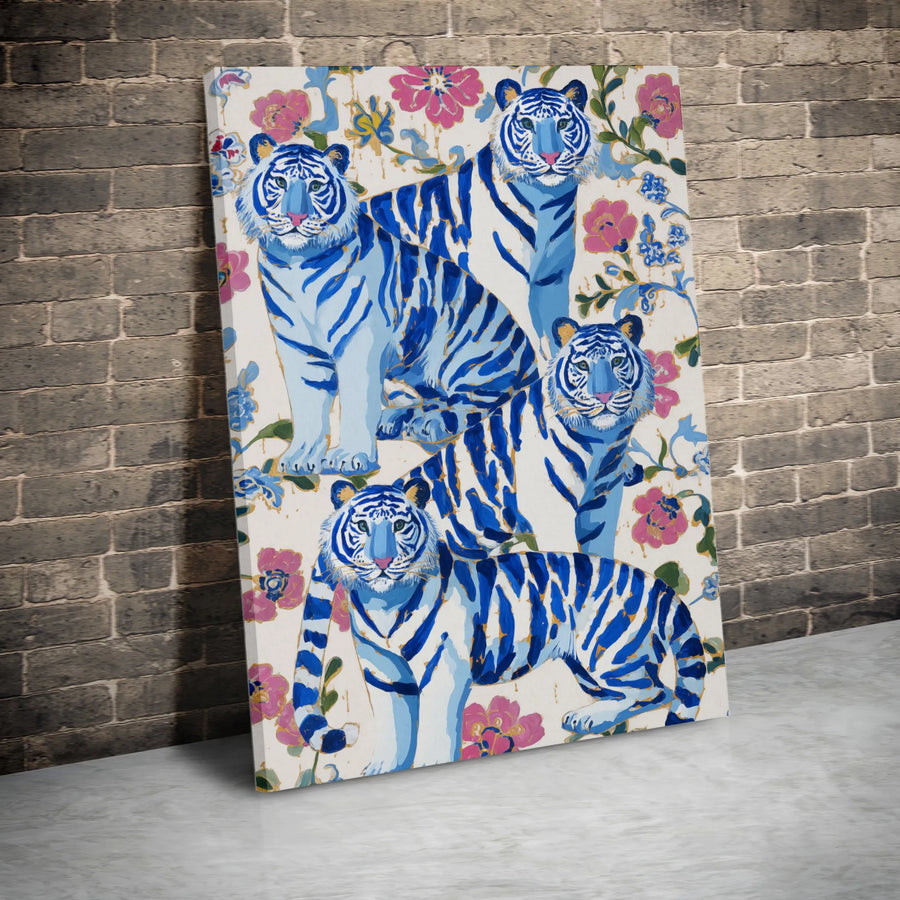 Chinoiserie Blue Tiger Wall Art | Floral Botanical Pattern Canvas | Premium Fade-Resistant Gallery Wrap | Elegant Home Decor Gift