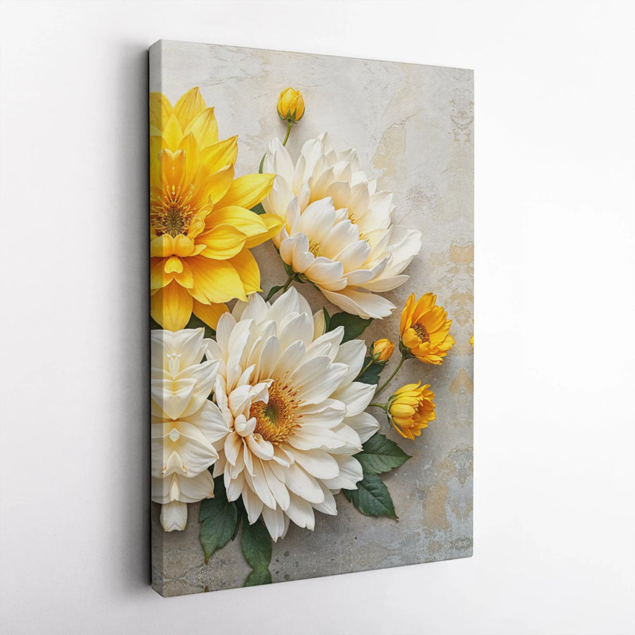 Yellow and White Dahlia Canvas Print | Textured Botanical Illustration | Premium Gallery Wrapped Canvas | Modern Farmhouse Living Room Decor Gift