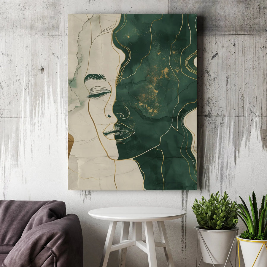 Abstract Woman Face Canvas | Minimalist Gold Line Art | Premium 1.25-inch Gallery Wrap | Modern Emerald Green Home Decor Wall Art