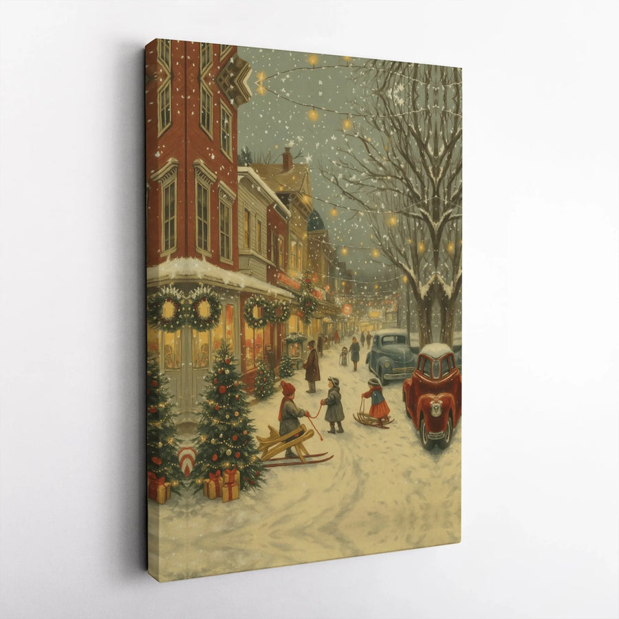 Vintage Christmas Town Canvas | Snowy Winter Village Street Scene | Gallery Wrap Premium Wall Art | Festive Holiday Decor Gift