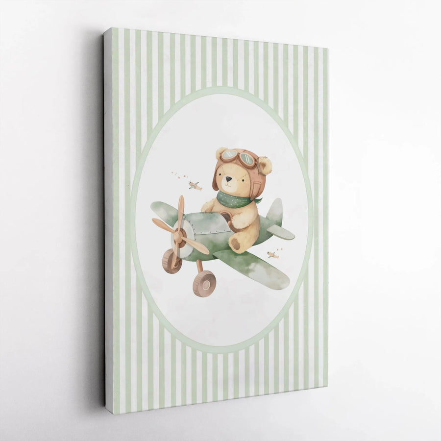 Aviator Teddy Bear Nursery Wall Art | Cute Watercolor Plane Illustration | Premium Gallery Wrap Canvas | Baby Boy Room Decor Gift