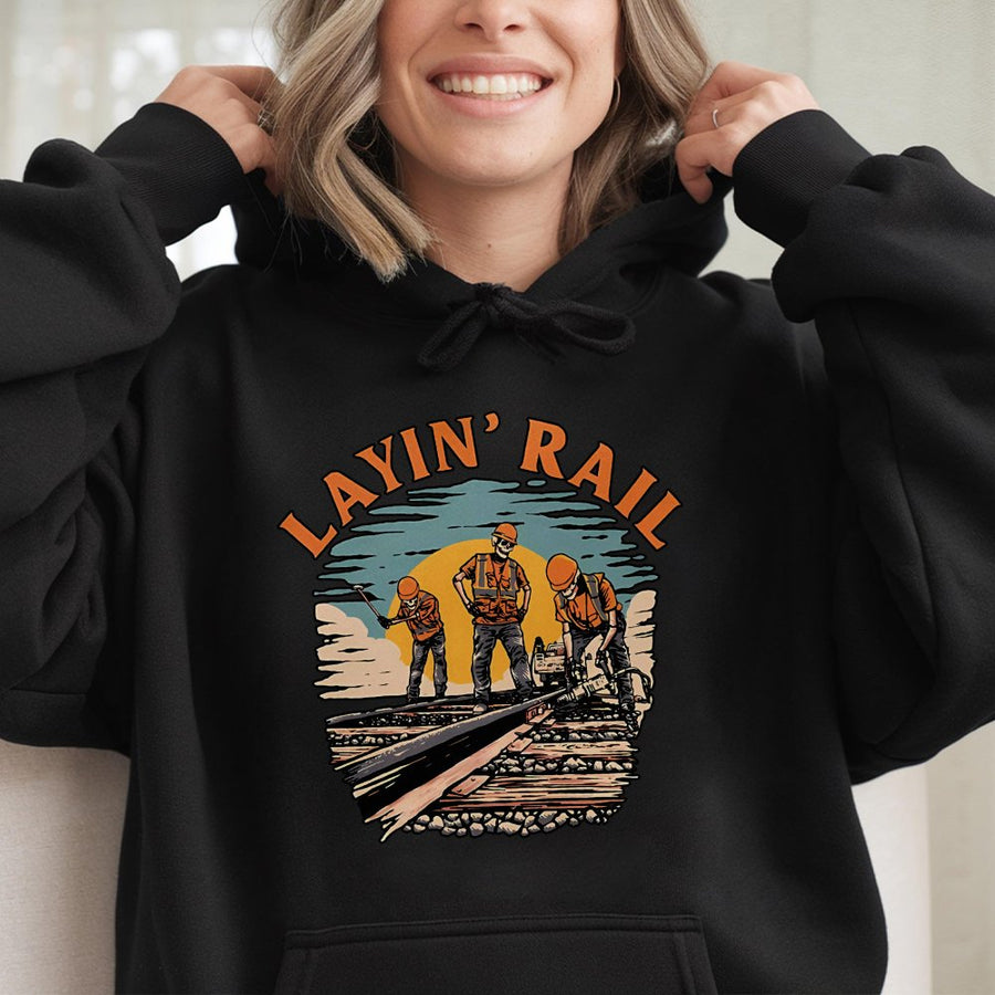 Railroad Worker Hoodie | Layin' Rail Vintage Track Crew Graphic | Premium Cotton Blend Sweatshirt | Gift for Train Conductor & Railway Engineer
