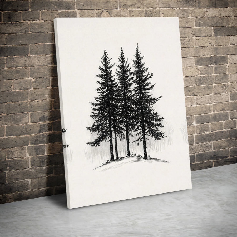 Three Pine Trees Canvas Wall Art | Minimalist Black and White Sketch | Premium Gallery Wrapped Decor | Nature Lover Living Room Gift