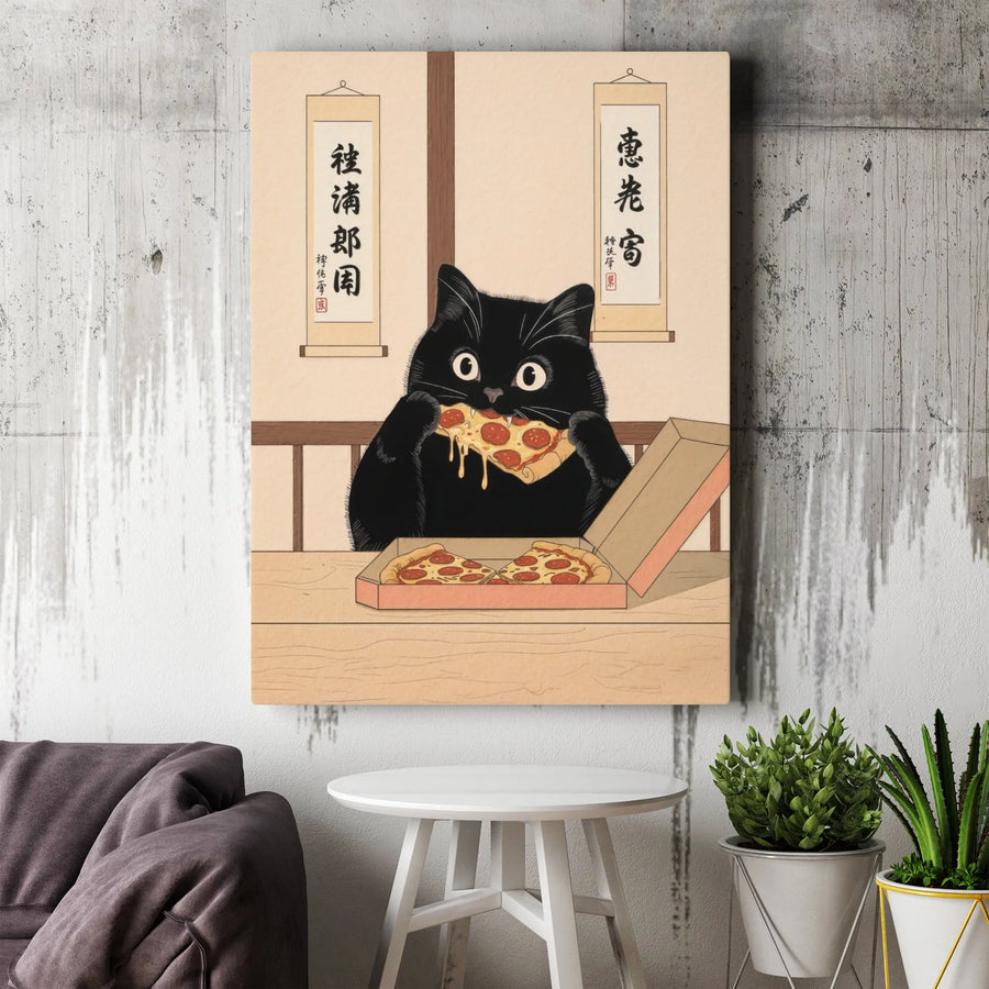 Japanese Ukiyo-e Black Cat Canvas Art | Funny Pizza Lover Wall Decor | Premium 1.25" Gallery Wrap | Quirky Gift for Cat Owners & Foodies