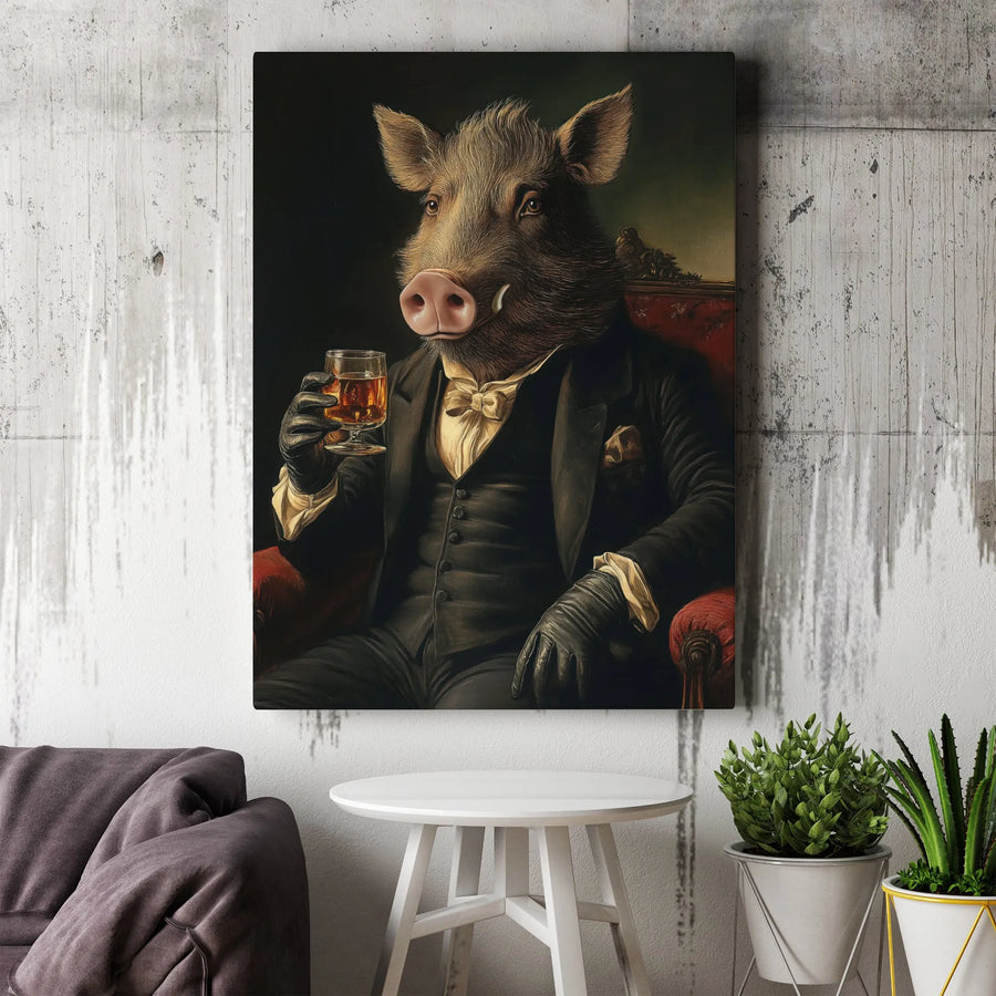 Wild Boar Drinking Whiskey Canvas Art | Sophisticated Animal Portrait | Premium Gallery-Wrapped Print | Unique Man Cave Home Decor Gift