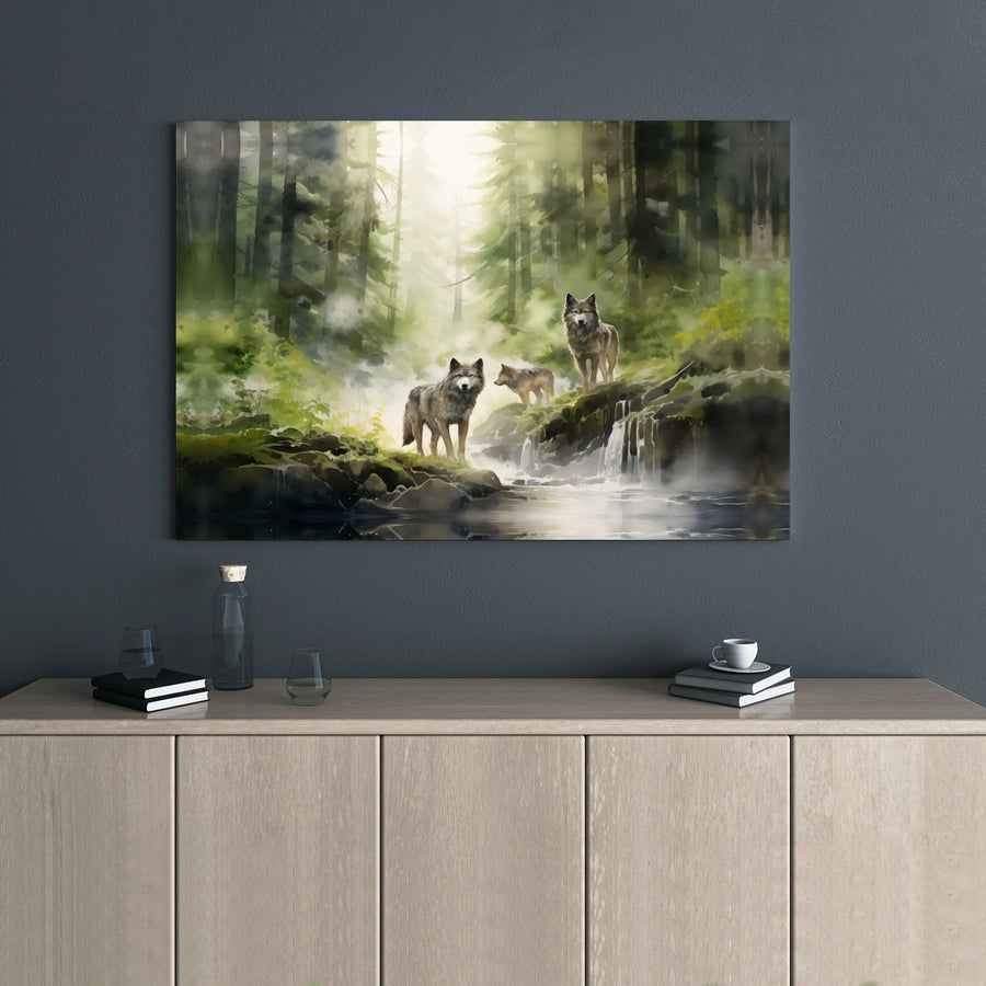 Wolf Pack Canvas Wall Art | Misty Forest Waterfall Scene | Premium Gallery Wrap Print | Nature Inspired Home Decor Gift