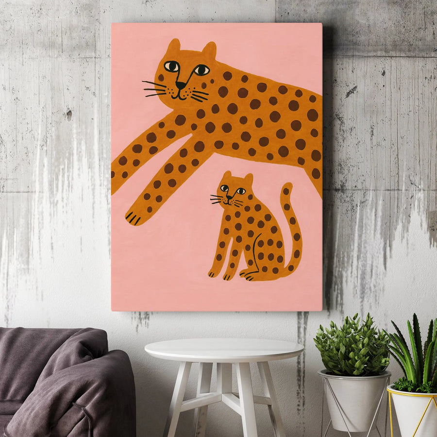 Leopard Canvas Wall Art | Minimalist Leopard Mom and Cub Illustration | Premium Gallery Quality Canvas | Gift for Kids Room & Nursery Decor
