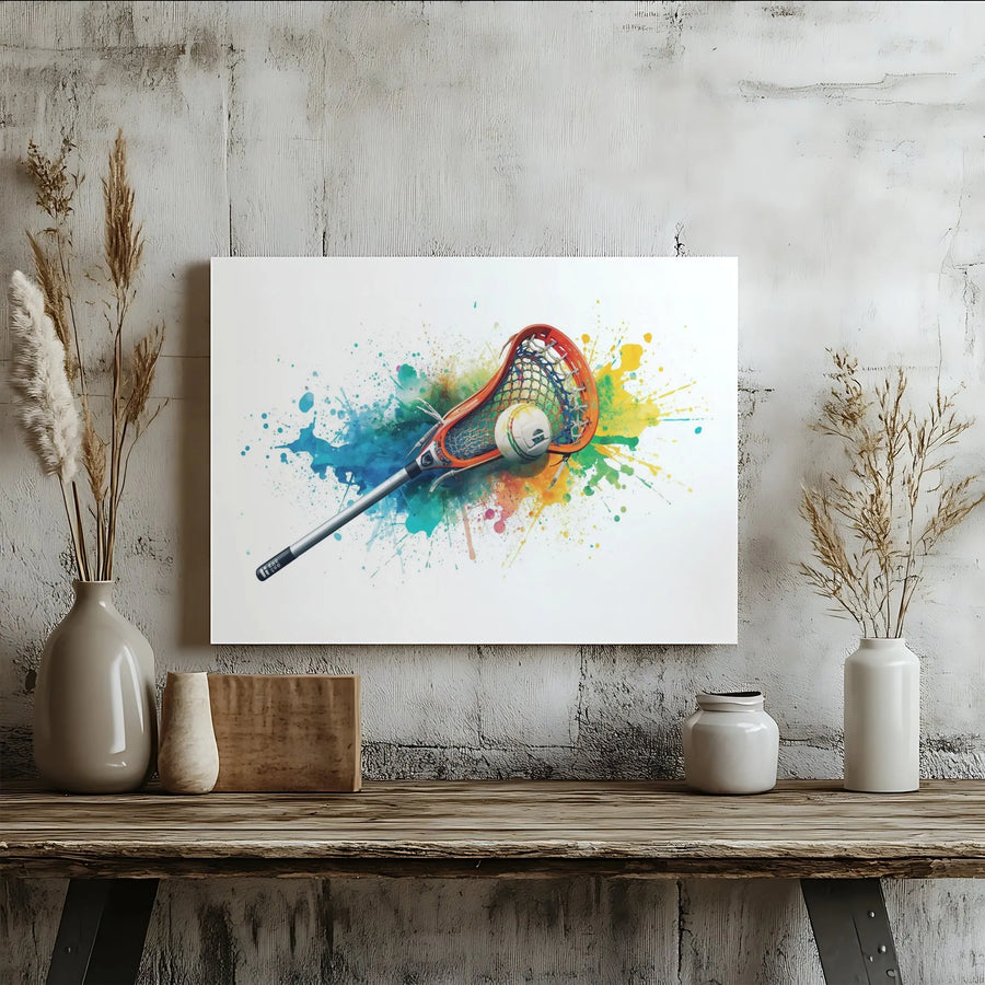 Lacrosse Wall Art | Watercolor Paint Splatter Sports Poster | Premium Gallery Wrap Canvas | Gift for Lacrosse Player or Coach
