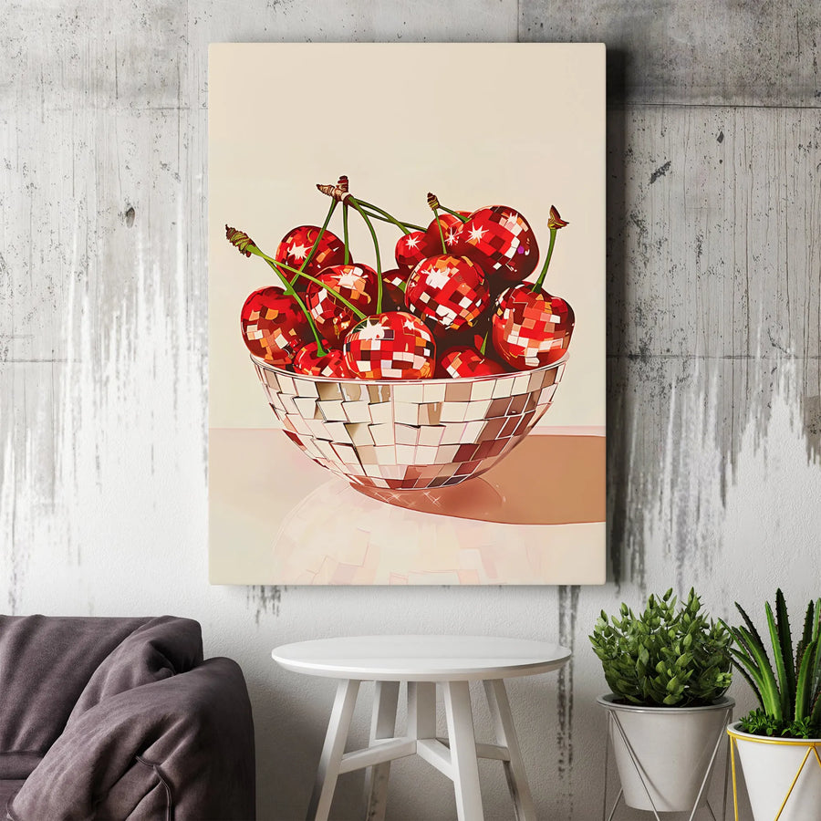 Disco Ball Cherry Vertical Canvas | Pop Art Still Life Print | Premium High-Resolution Print | Modern Kitchen Decor Gift