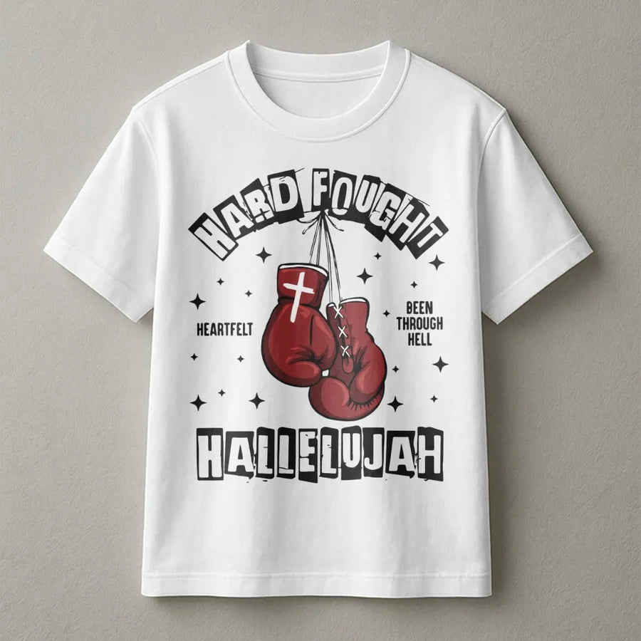 Hard Fought Hallelujah T-Shirt | Boxing Gloves Cross Graphic | 100% Cotton Premium Tee | Faith Warrior Motivational Gift for Men and Women
