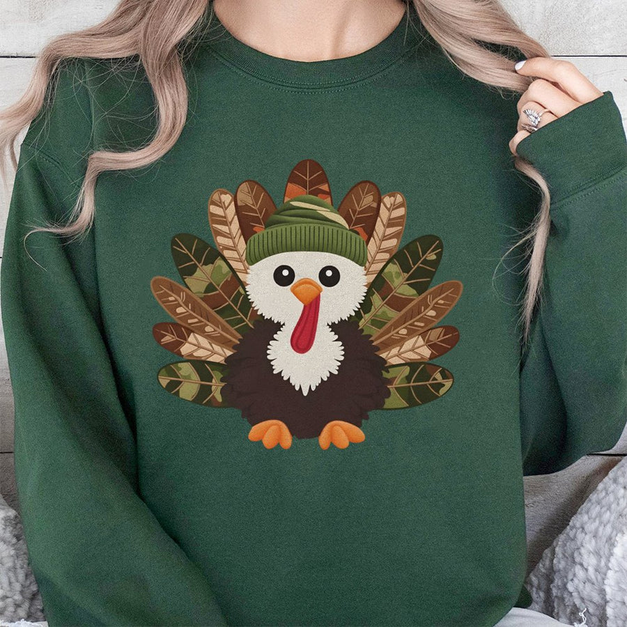 Thanksgiving Turkey Sweatshirt | Cute Camo Beanie Graphic Design | Cotton Blend Premium Crewneck | Unisex Fall Holiday Gift for Men and Women