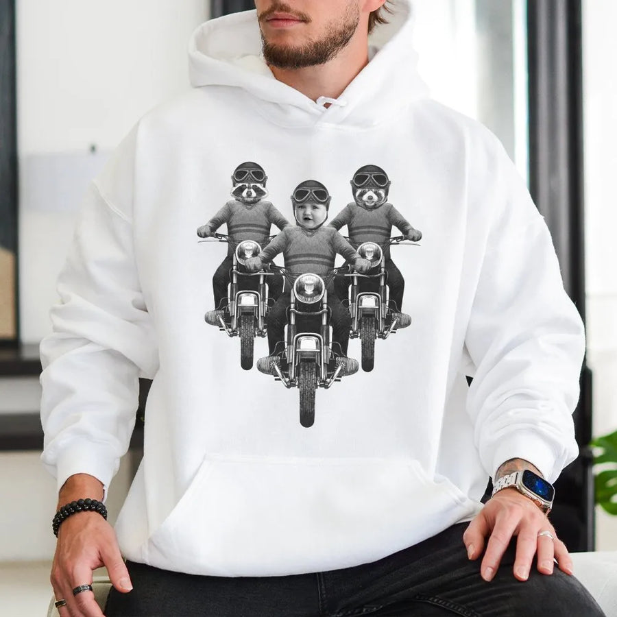 Raccoon Biker Graphic Hoodie | Funny Baby Motorcyclist Illustration | Premium Cotton-Blend Pullover | Unique Animal Gift for Motorcycle Lovers