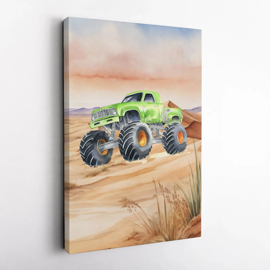 Monster Truck Canvas Wall Art | Watercolor Desert Off-Road Design | Premium Fade-Resistant Gallery Print | Boy Bedroom Decor Gift