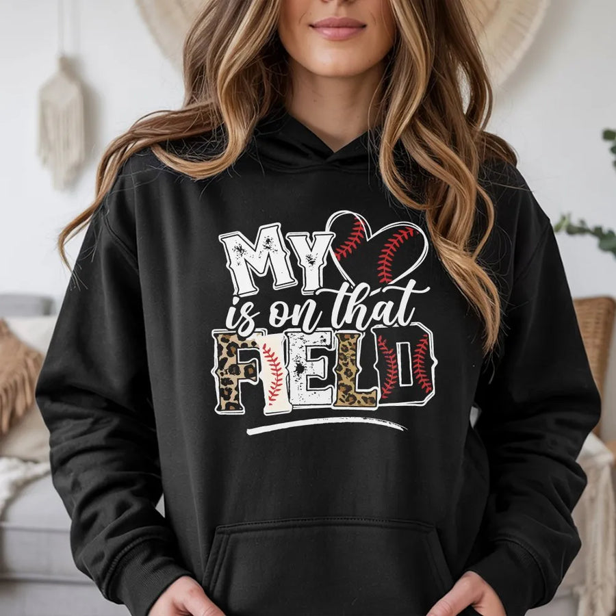 Baseball Mom Hoodie | My Heart Is On That Field Leopard Print Graphic | Soft Cotton-Poly Blend | Mother's Day Gift for Baseball Mama