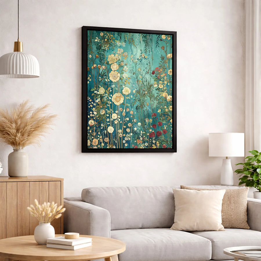 Teal and Gold Wildflower Canvas Art | Modern Botanical Meadow Painting | Premium Gallery-Wrapped Floral Wall Decor | Nature-Inspired Home Gift