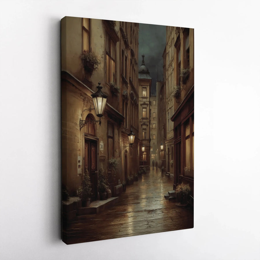European Street Canvas Print | Rainy Night Old Town Architecture | Gallery Quality Thick Profile | Vintage Aesthetic Home Decor Wall Art
