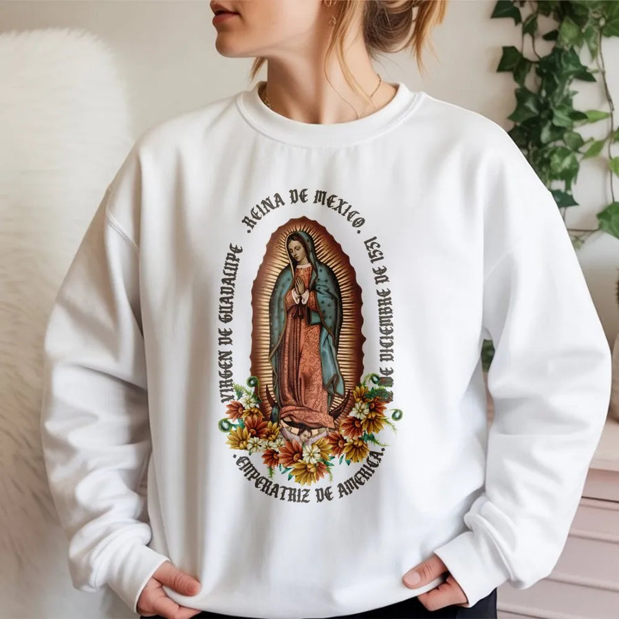 Virgen De Guadalupe Sweatshirt | Floral Religious Graphic Design | Premium Cotton Blend | Catholic Gift for Women and Men