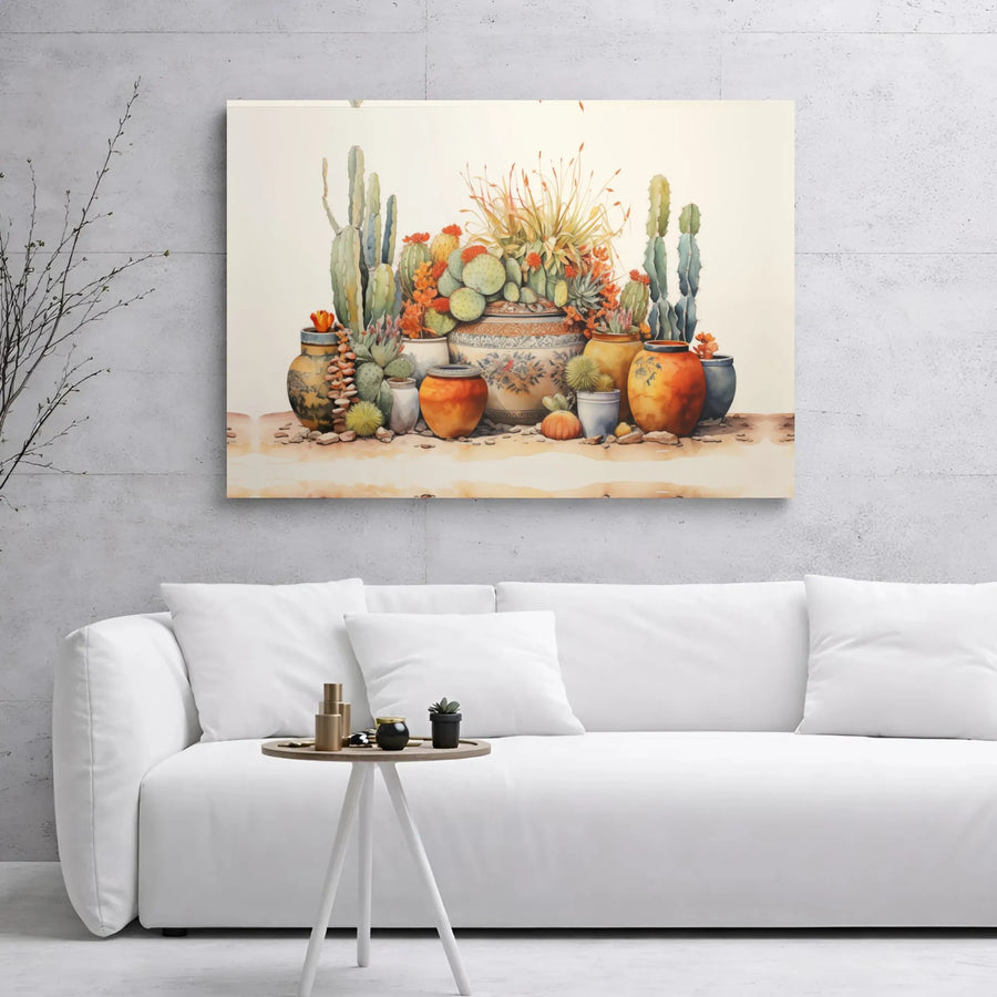 Southwestern Cactus Canvas Wall Art | Desert Succulents in Rustic Pottery | Premium 1.25" Gallery Wrap | Boho Home Decor Gift
