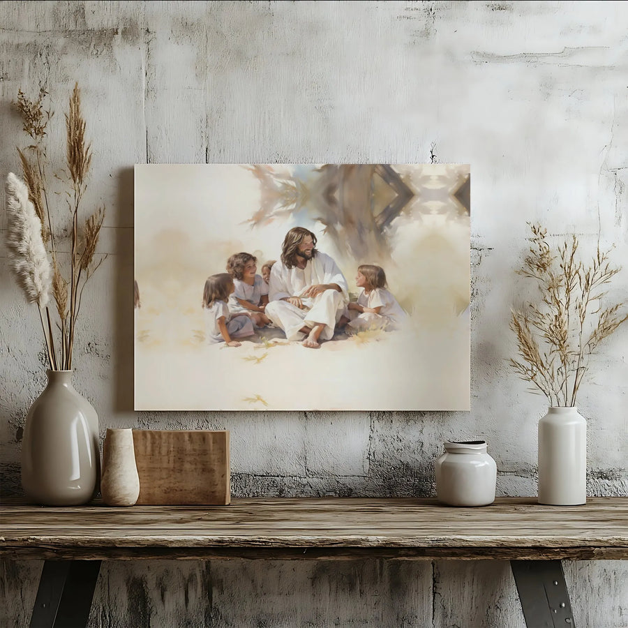 Jesus With Children Wall Art | Religious Watercolor Painting Print | Premium Gallery Wrapped Canvas | Christian Home Decor Gift