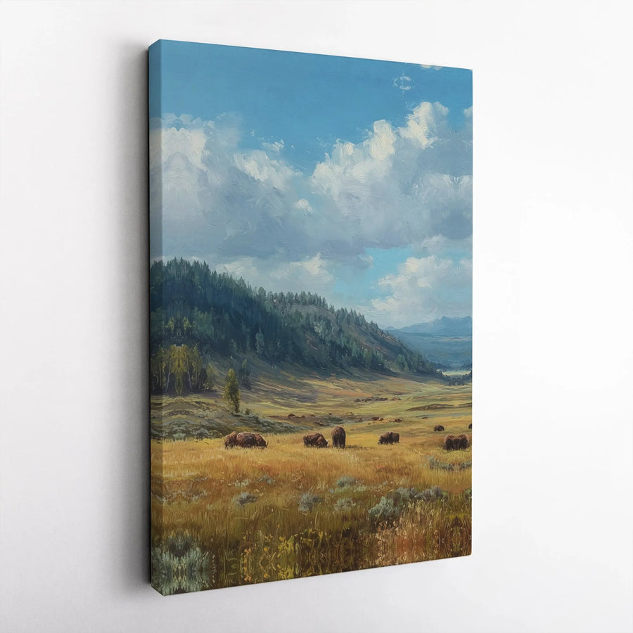 Bison Landscape Vertical Canvas Art | Oil Painting Scenic American West Mountain Valley | Premium 1.25 Inch Gallery Wrap | Rustic Cabin Wall Decor Gift