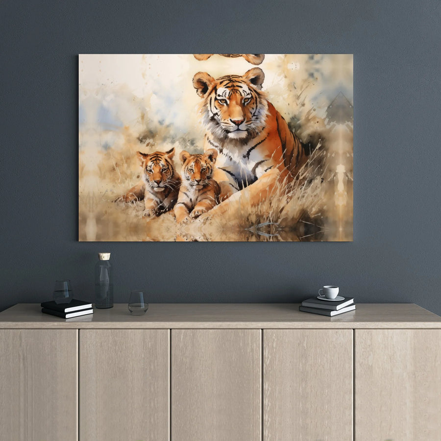 Tiger Family Canvas Wall Art | Watercolor Mother Tigress and Two Cubs Print | Premium Gallery-Wrap Decor | Wildlife Lover Gift