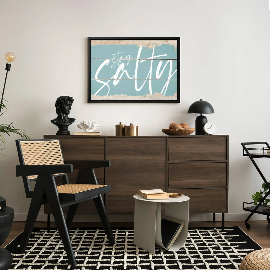 Stay Salty Wall Art | Rustic Teal Wood Grain Beach Decor | Premium 1.25 Inch Framed Canvas Print | Coastal Home Office Wall Decor