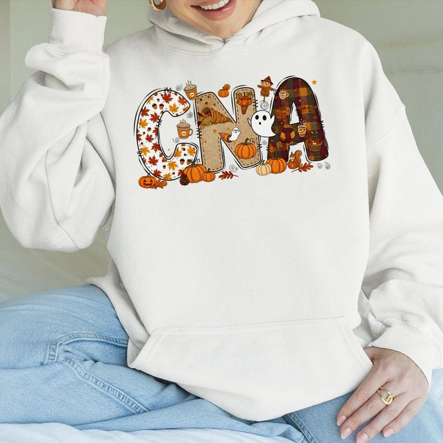 CNA Fall Halloween Hoodie | Autumn Pumpkin Graphic Sweatshirt | Premium Cotton-Blend Apparel | Perfect Gift for Certified Nursing Assistants