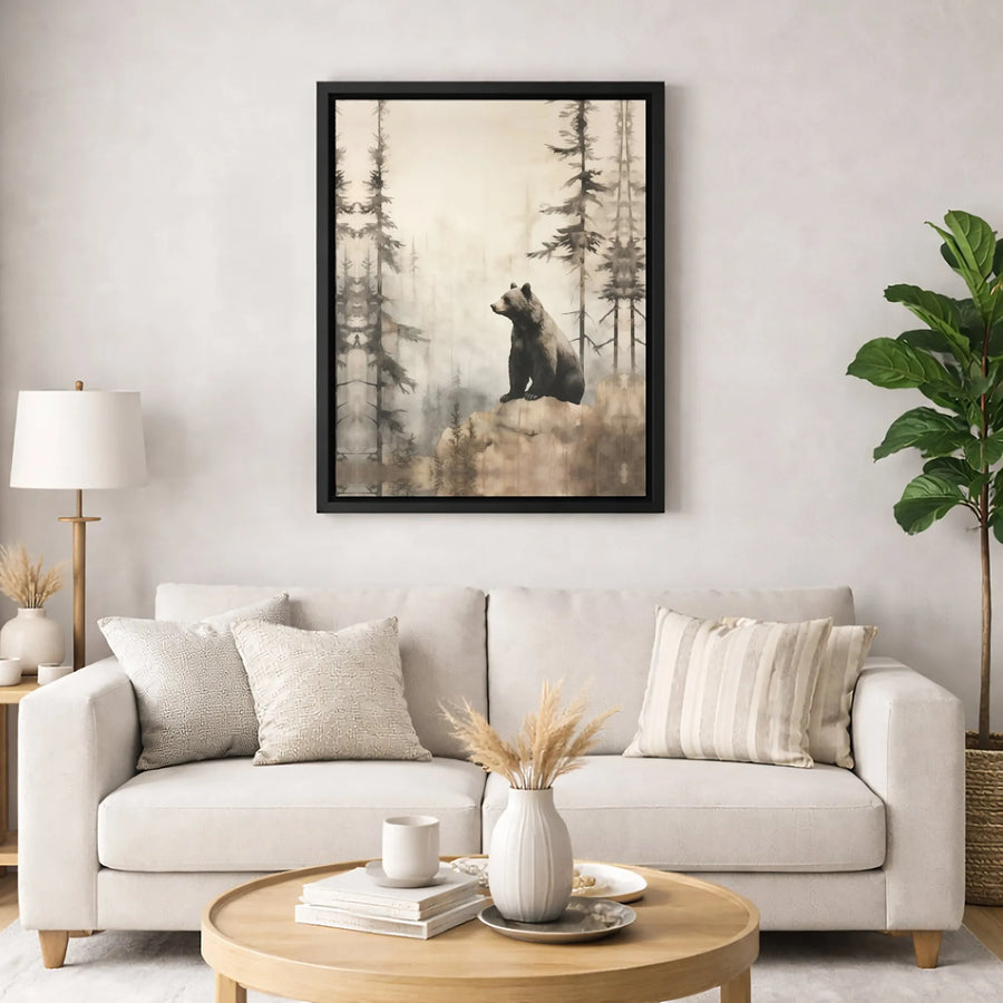 Misty Forest Bear Canvas Wall Art | Moody Wildlife Wilderness Print | Gallery-Quality Premium Decor | Nature Lover Gift For Cabin Home