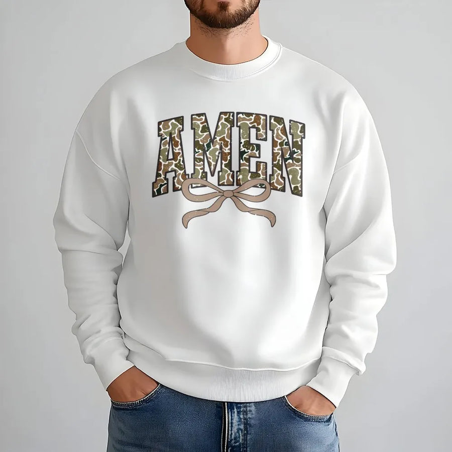 Amen Camo Sweatshirt | Coquette Bow Aesthetic Graphic | Premium Cotton Blend | Christian Faith Gift For Women