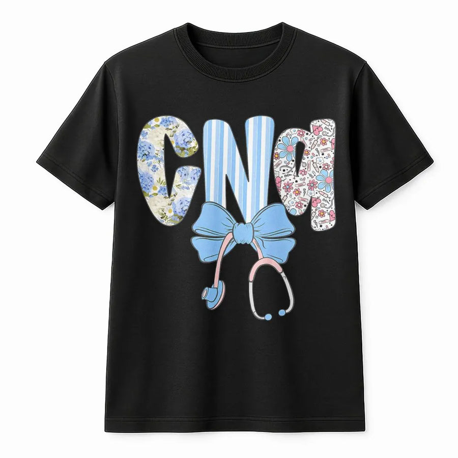 CNA Floral T-Shirt | Preppy Blue Stethoscope Bow Design | Premium Soft Cotton Tee | Cute Nurse Appreciation Graduation Gift for Women