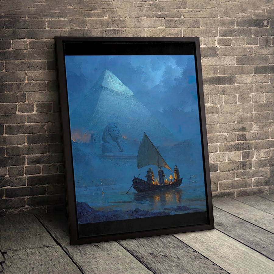 Ancient Egypt Canvas Wall Art | Sphinx and Pyramid Night Sailboat Landscape | Premium Gallery Wrapped Print | Historical Home Office Decor Gift