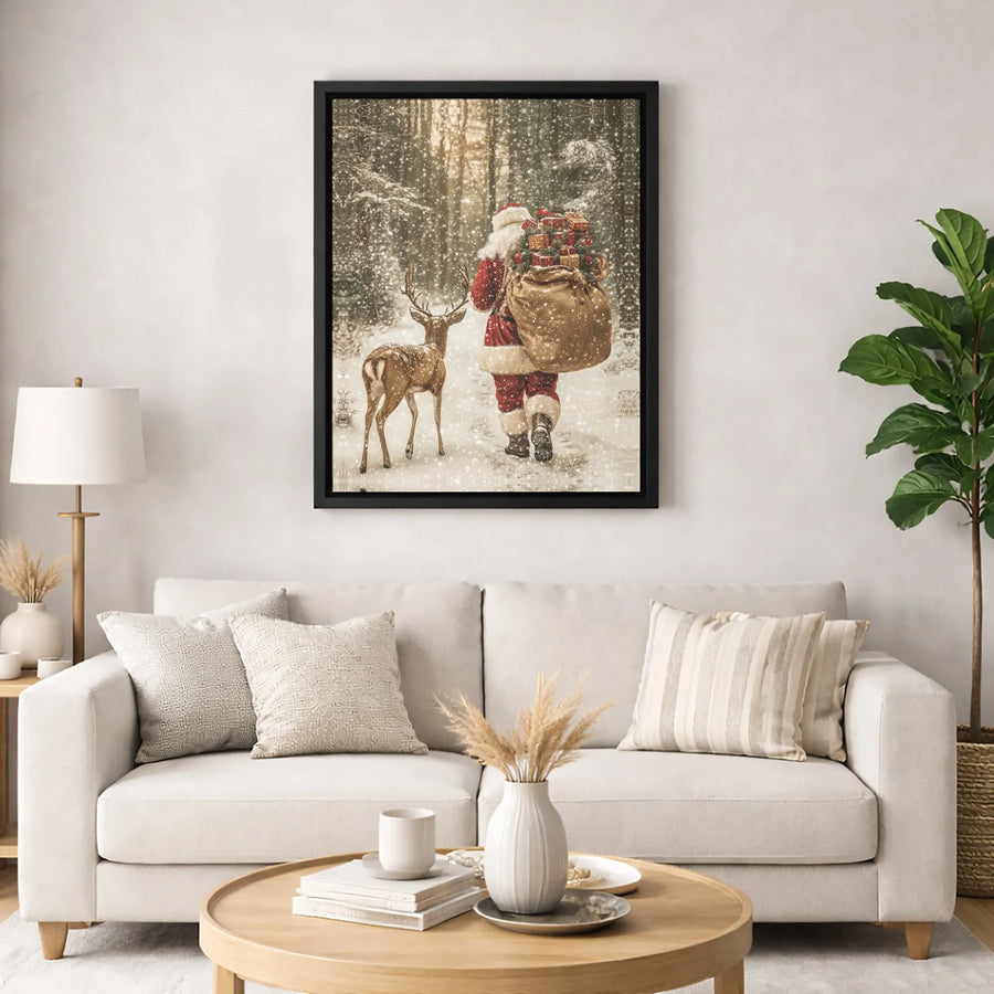 Santa Claus With Reindeer Canvas Print | Snowy Forest Holiday Wall Art | Premium Gallery-Wrapped Canvas | Festive Christmas Home Decor Gift