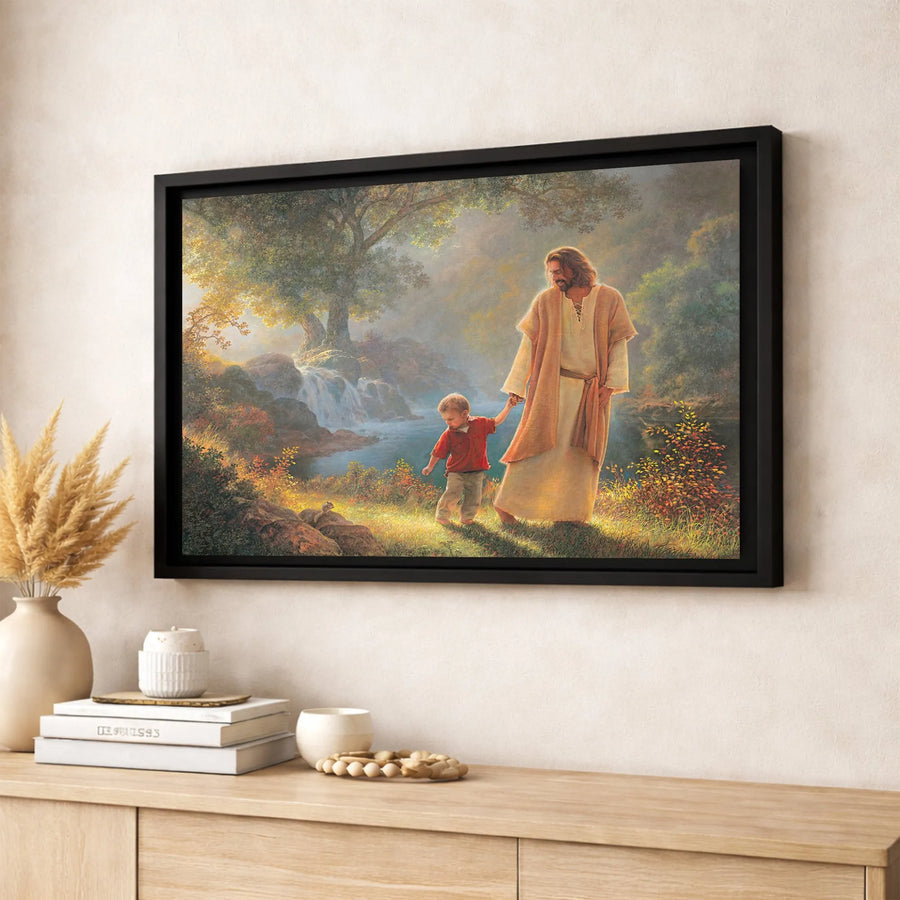 Jesus Walking With Child Canvas Print | Religious Waterfall Wall Art | Premium Gallery Wrapped Decor | Christian Home Gift For Nursery