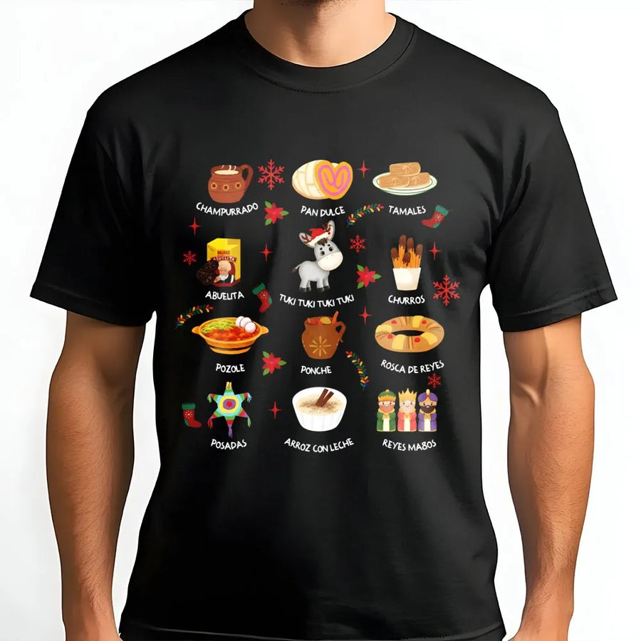 Mexican Christmas T-Shirt | Feliz Navidad Festive Food & Traditions Design | Premium Soft Cotton | Unisex Holiday Gift for Latina Family
