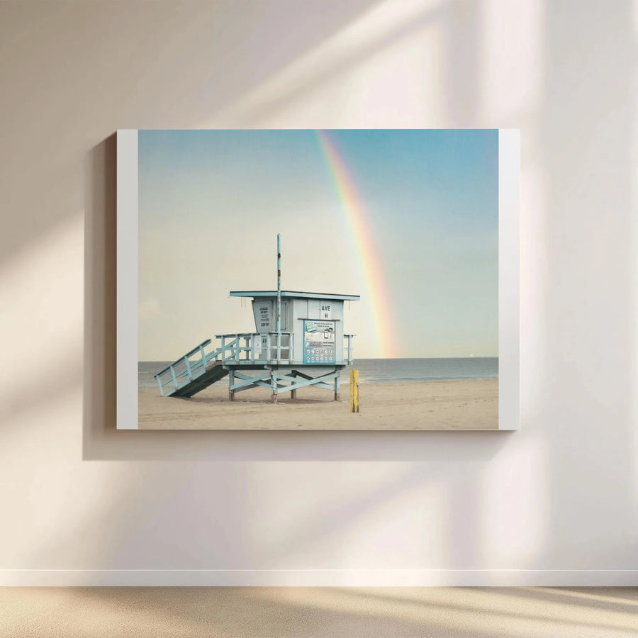 Beach Rainbow Wall Art | Vintage Lifeguard Tower Photography | Premium Framed Canvas | Coastal Home Decor Gift