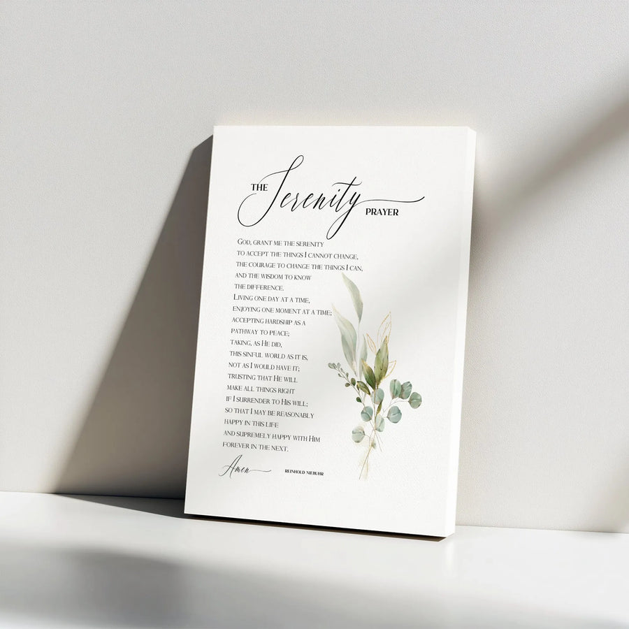 The Serenity Prayer Canvas Wall Art | Minimalist Script with Eucalyptus Greenery | Premium Gallery Wrapped Canvas | Inspirational Christian Home Decor Gift
