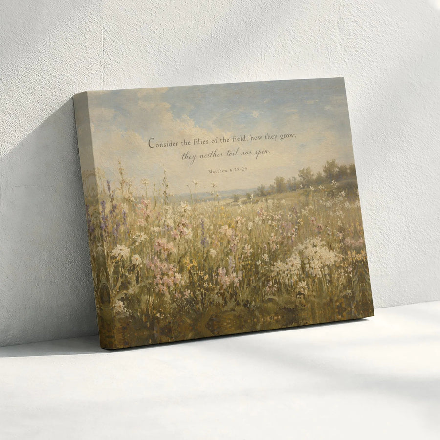 Consider the Lilies Bible Verse Horizontal Canvas | Vintage Wildflower Meadow Landscape Art Print | Premium 1.25" Gallery Wrap | Inspirational Christian Gift
